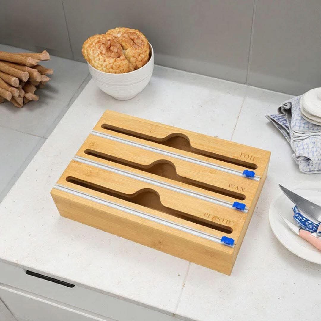 حامل خشبي لتنظيم القصدير والنايلون وورق الزبدة